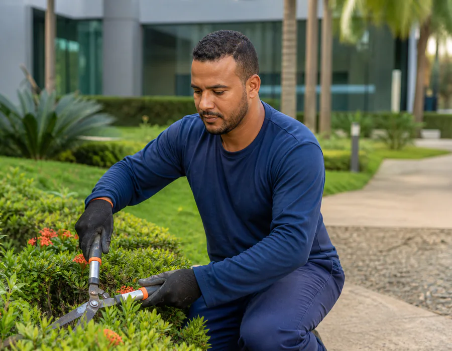 Profissional de jardinagem cuidando de uma área verde empresarial