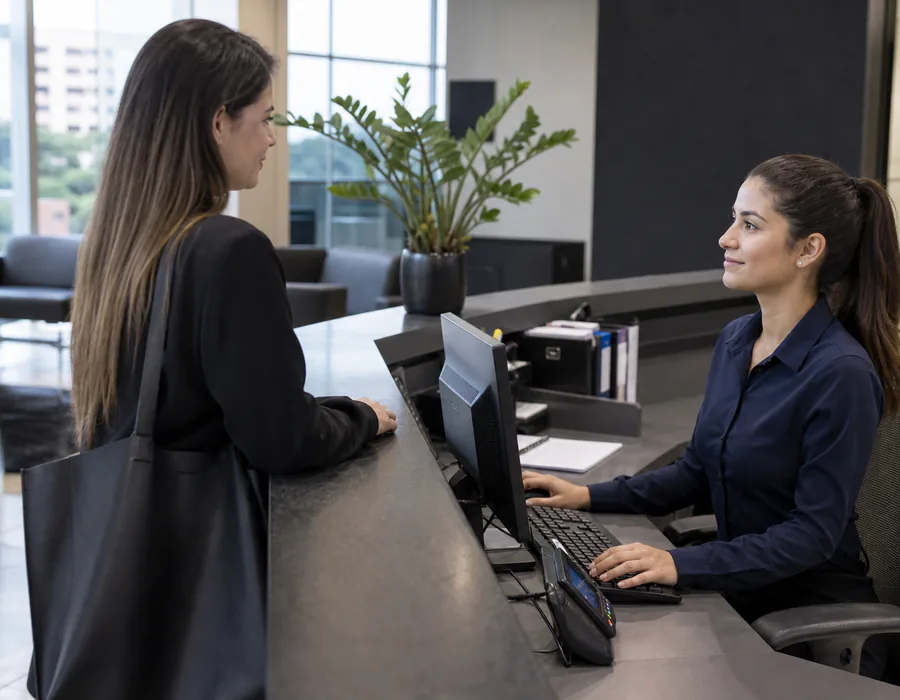 Recepcionista atendendo uma visitante em um ambiente empresarial